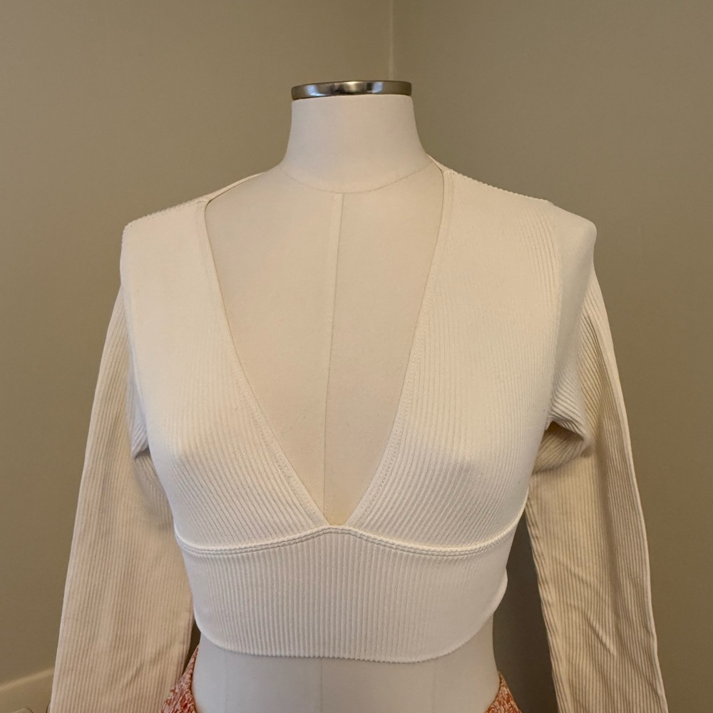 Garage Cream V-Neck Ribbed Crop Top